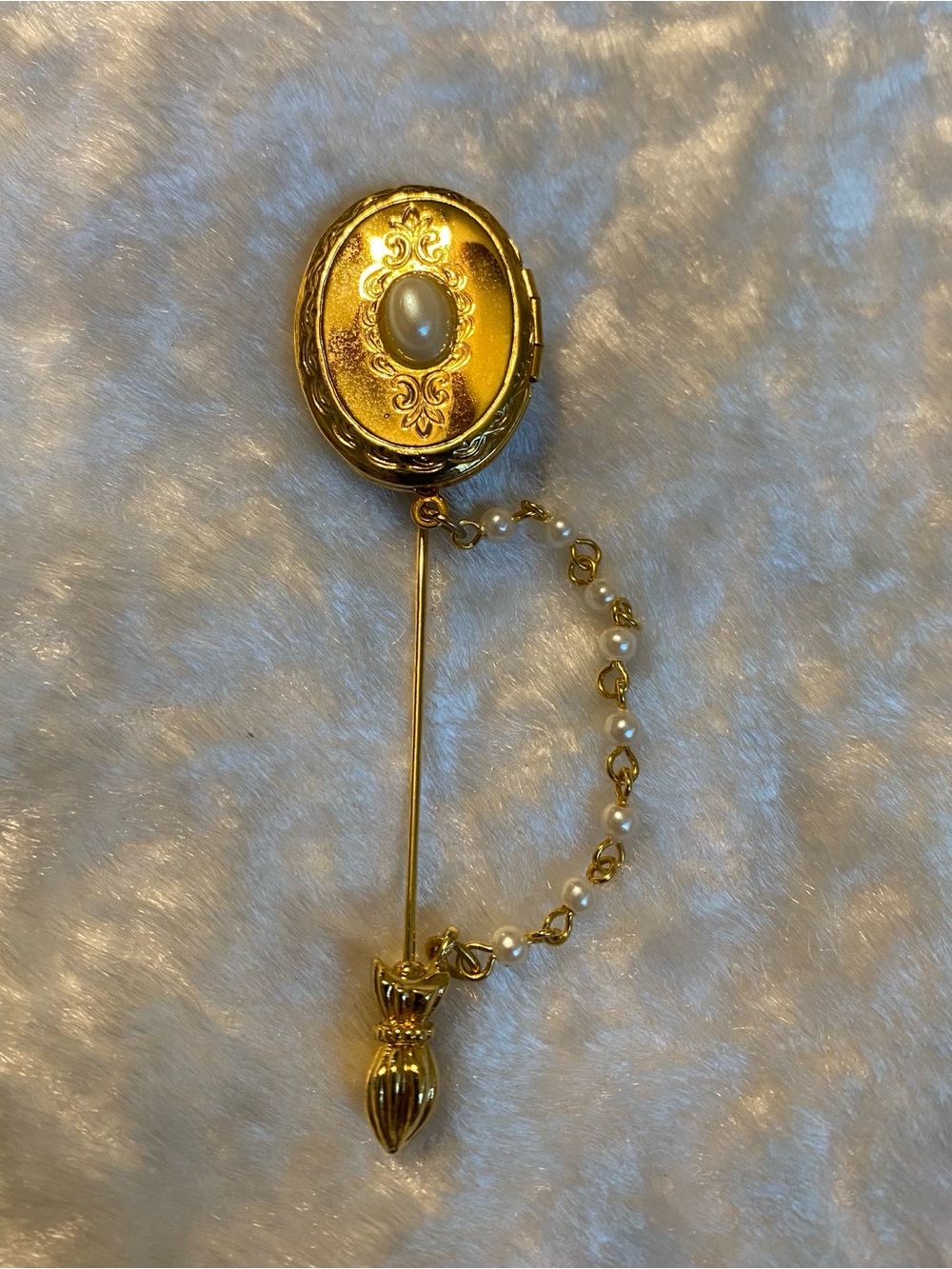 🍀VTG Gold-Tone Pearl Locket Stick Pin Brooch